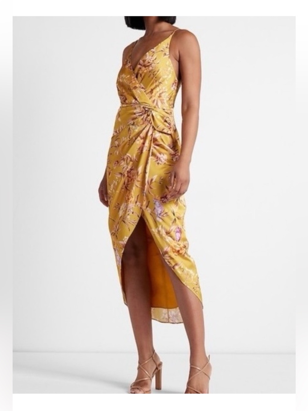 NWT Express Yellow Floral Print Satin-Like Twist-Waist Hi-Lo Midi Dress | XL